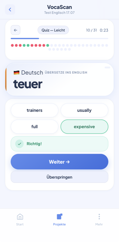 Interactive vocabulary quiz in VocaScan